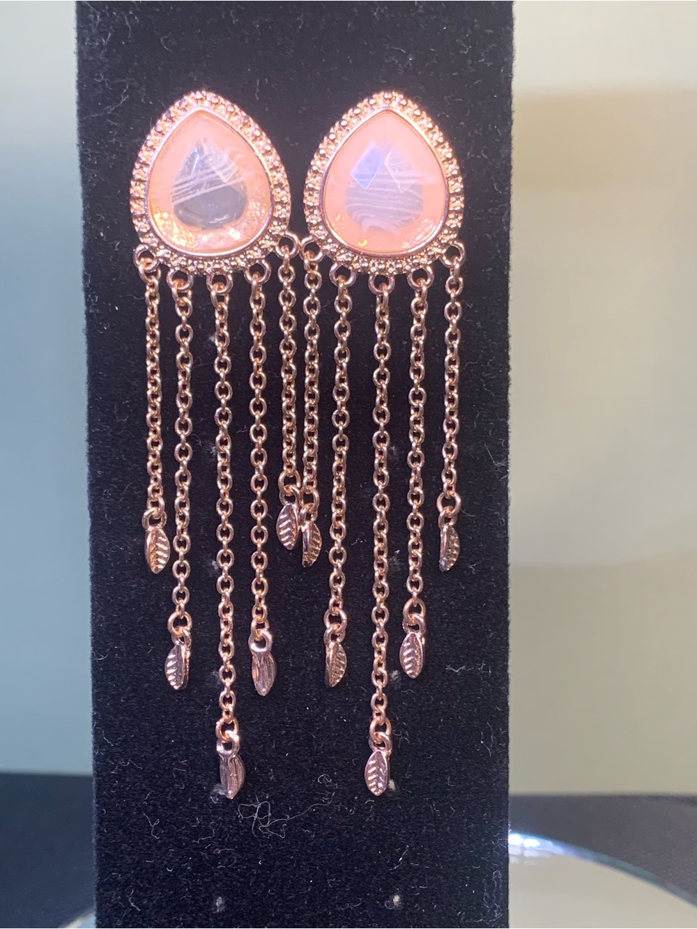 Rose Gold Teardrop Dangle Earrings with Peach Stone